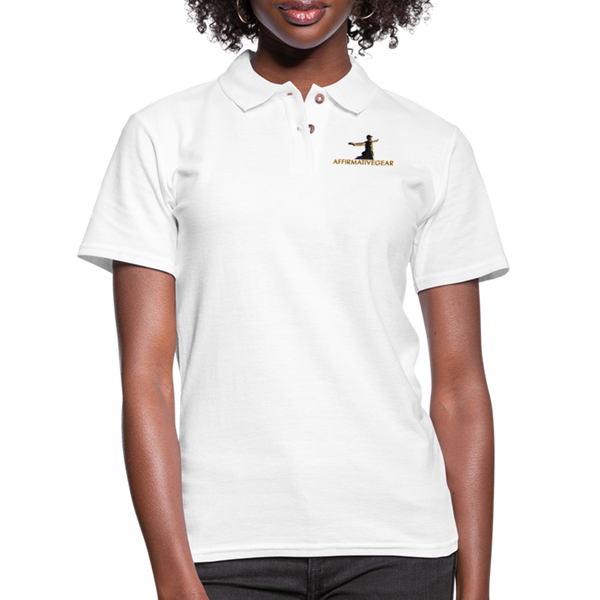 "Affirmative Gear" - Small Brand Logo, WOMEN'S Pique Polo Shirt - white