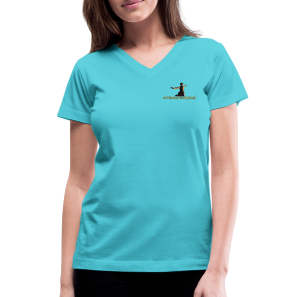"Affirmative Gear" - Small Brand Logo, WOMEN'S V-Neck T-Shirt - aqua