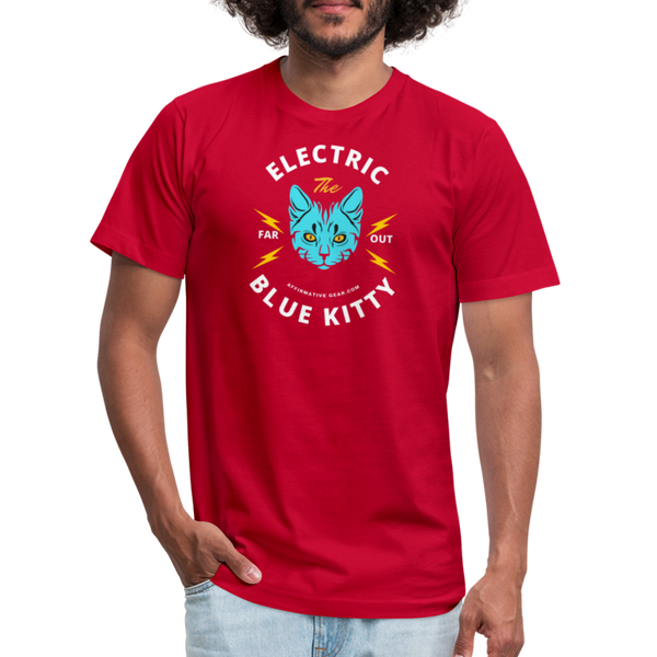 "Electric Blue Kitty Large Design" - FAR OUT Unisex Jersey T-Shirt - red