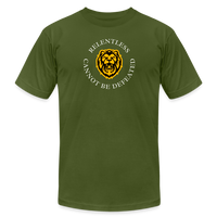 "Relentless Cannot Be Defeated Around the Lion" - Unisex Jersey T-Shirt - olive