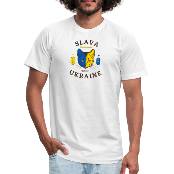 "Slava Ukraine" - FAR OUT Unisex Jersey T-Shirt - white