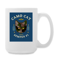 "Camo Cat Blue" - Dual Sided Logo, - Coffee/Tea Mug 15 oz - white