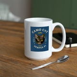 "Camo Cat Blue" - Dual Sided Logo, - Coffee/Tea Mug 15 oz - white