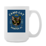 "Camo Cat Blue" - Dual Sided Logo, - Coffee/Tea Mug 15 oz - white