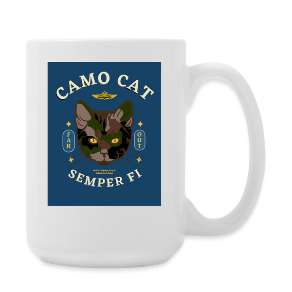 "Camo Cat Blue" - Dual Sided Logo, - Coffee/Tea Mug 15 oz - white