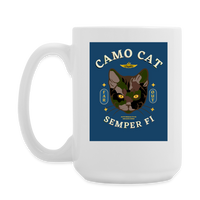 "Camo Cat Blue" - Dual Sided Logo, - Coffee/Tea Mug 15 oz - white