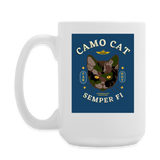 "Camo Cat Blue" - Dual Sided Logo, - Coffee/Tea Mug 15 oz - white