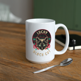 "Lucky Black Cat" - Dual Sided Logo, - Coffee/Tea Mug 15 oz - white