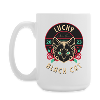 "Lucky Black Cat" - Dual Sided Logo, - Coffee/Tea Mug 15 oz - white