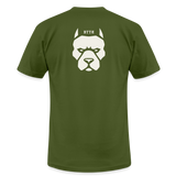 "Bad to the Bone" - Reverse Pitbull Logo, Unisex Jersey T-Shirt - olive